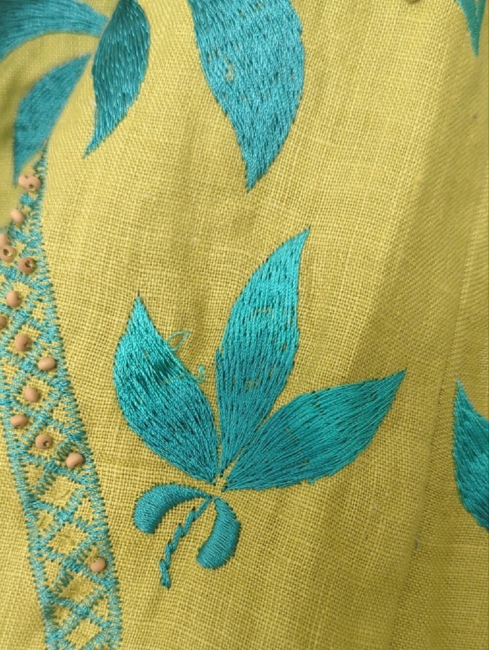 Y2K Sue Wong Linen Spaghetti Strap Dress with Floral Embroidery & Wood Beads - Picture 16 of 17